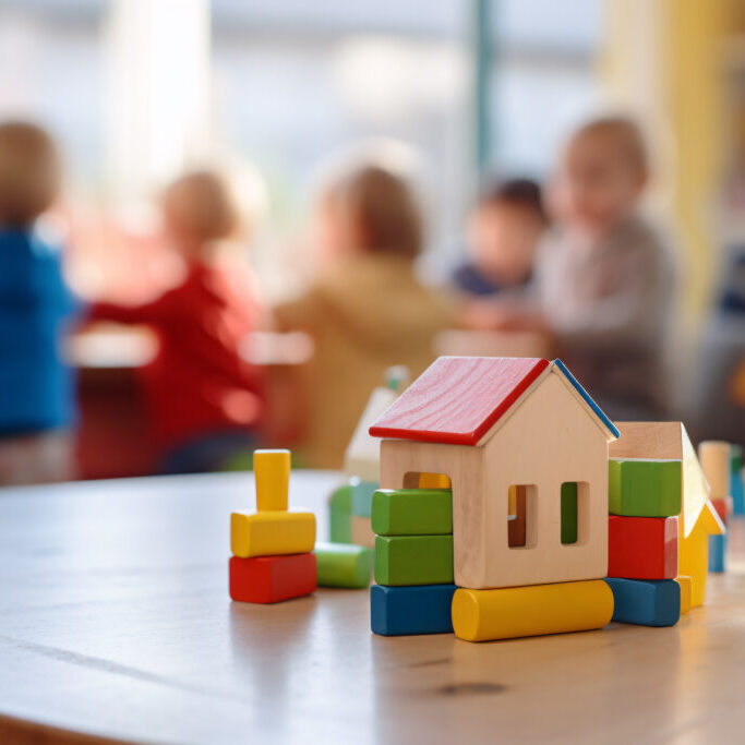 Building bricks toys and blurry playing children in background in children day care center, kindergarten or preschool Building bricks and blurry playing children in background in children day care center, kindergarten or preschool . Generative ai